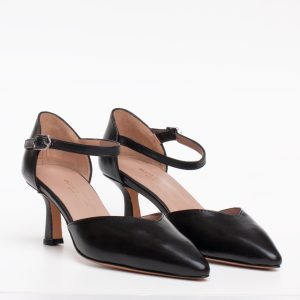 Scarpa décolleté elegante nera pelle tacco medio 6 cm cinturino punta sfilata