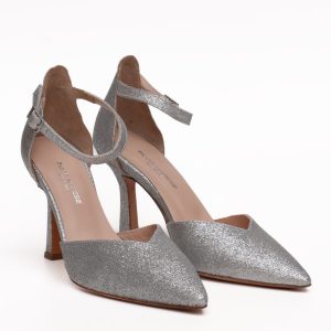 Scarpe tacco argento glitter Silvia Narese eleganti con cinturino alla caviglia e punta sfilata. Ideali per cerimonie e sposa.