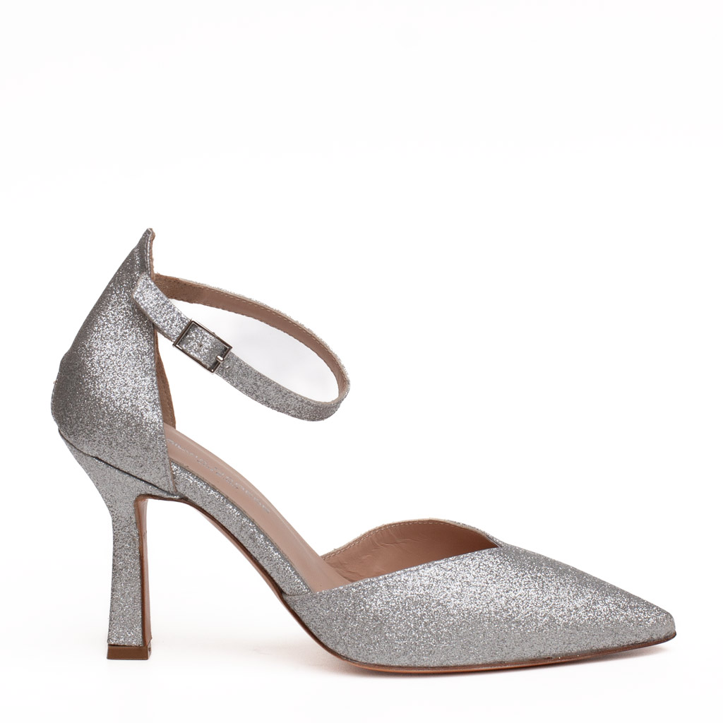 Scarpe Tacco Argento Glitter Eleganti con Cinturino