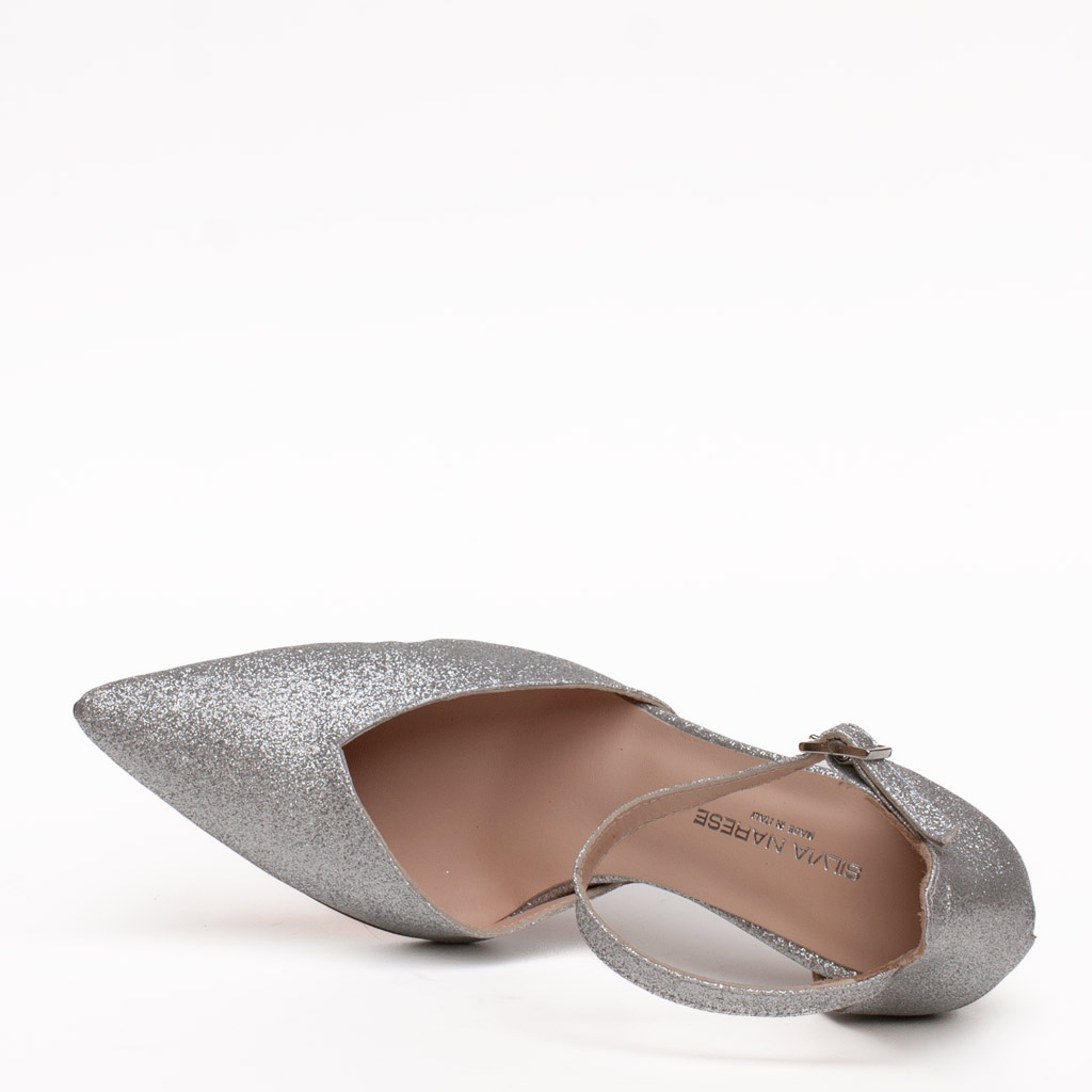 Scarpe Tacco Argento Glitter Eleganti con Cinturino