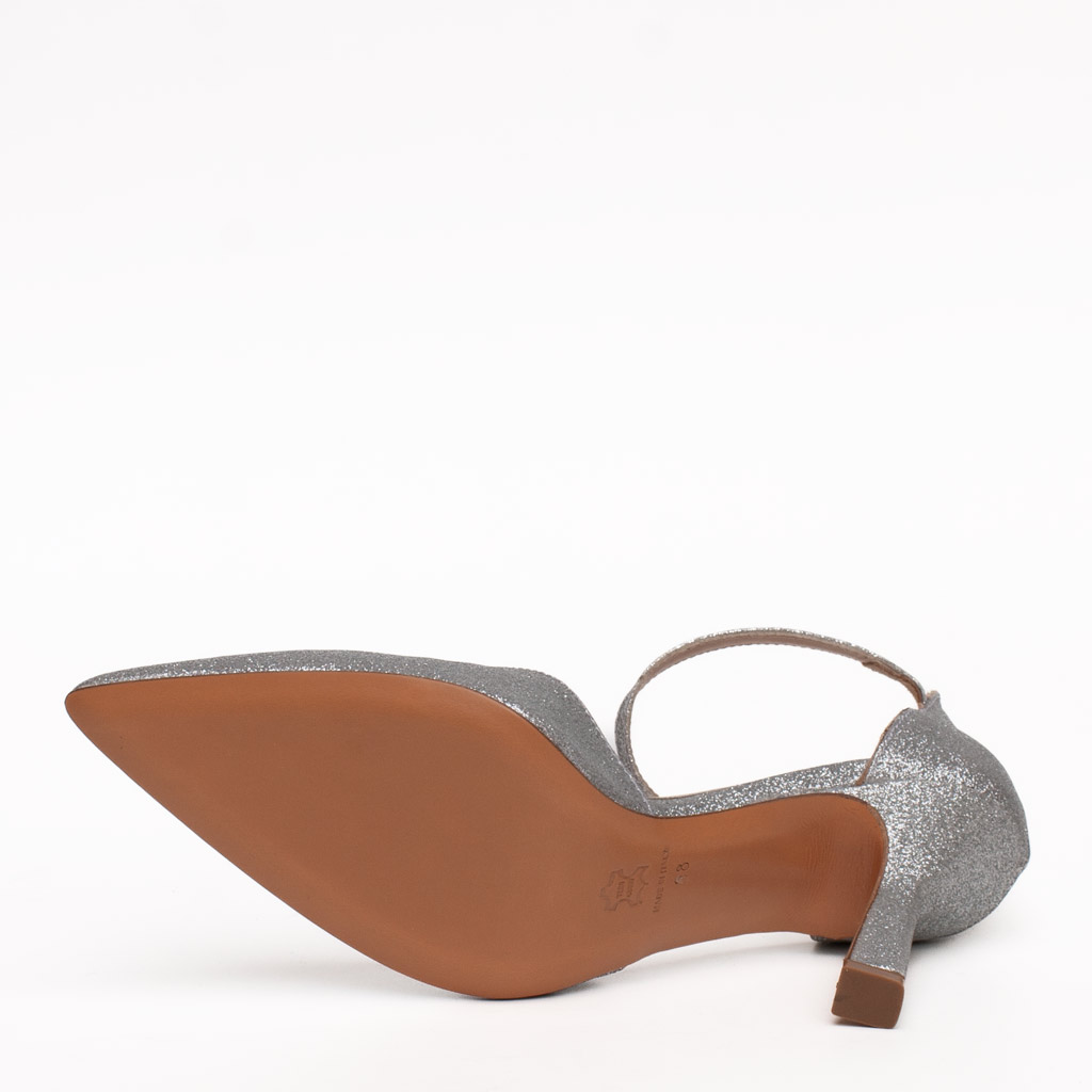 Scarpe Tacco Argento Glitter Eleganti con Cinturino