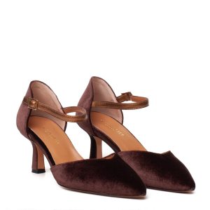 Scarpa décolleté elegante velluto marrone cioccolato tacco medio 6 cm cinturino bronzo