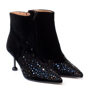 stivaletto elegante nero tacco alto in velluto con strass gioiello