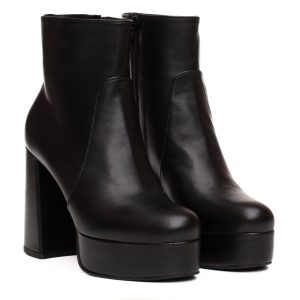 Black genuine leather high-heeled platform ankle boots with a side zip
