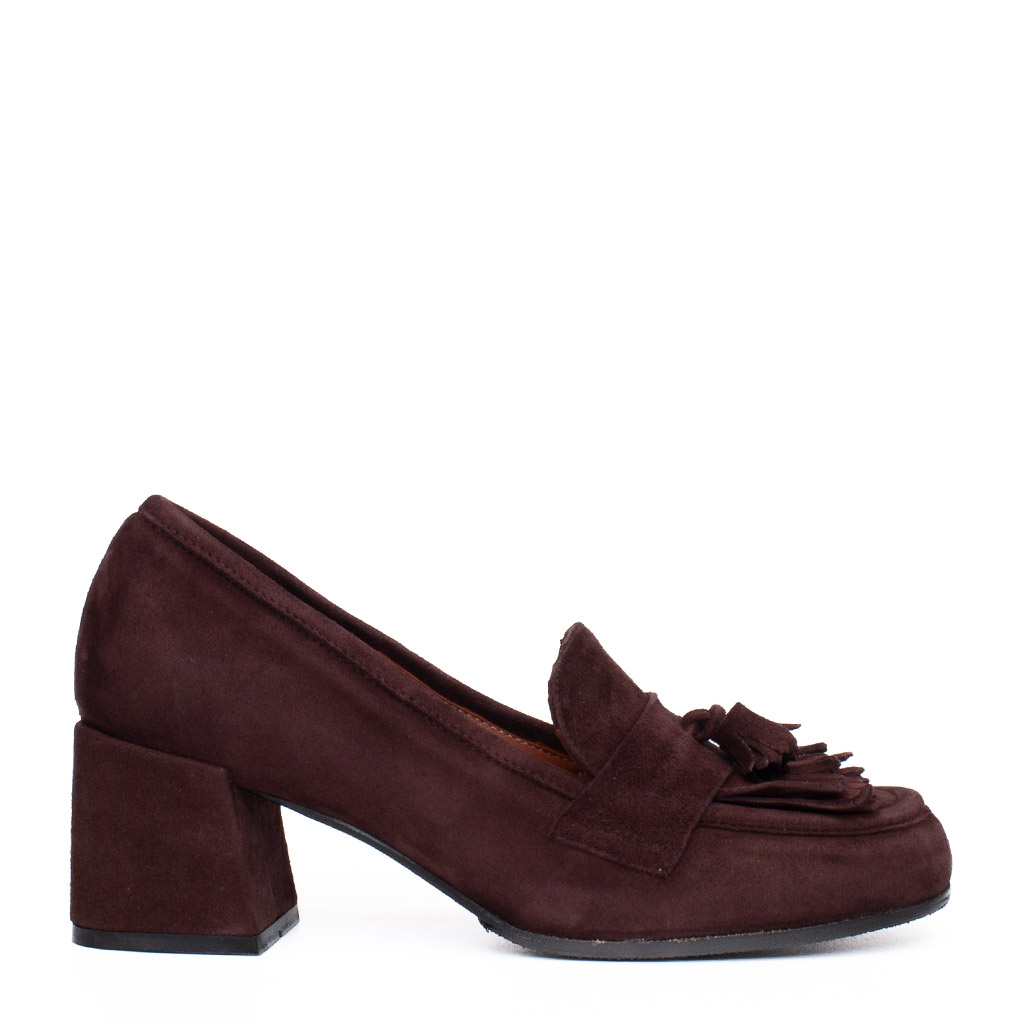 Brown Suede Loafers with Chunky Heels and Tassels
