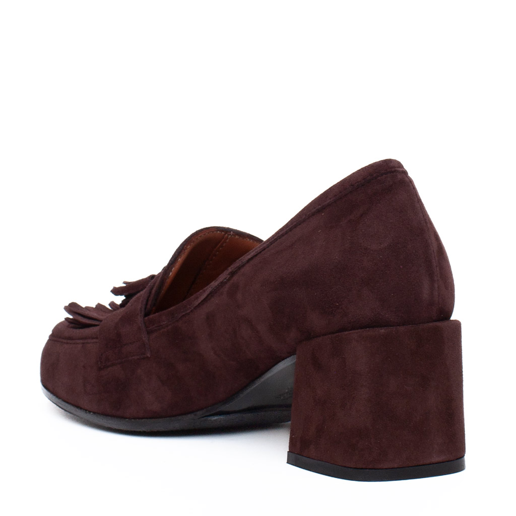 Brown Suede Loafers with Chunky Heels and Tassels