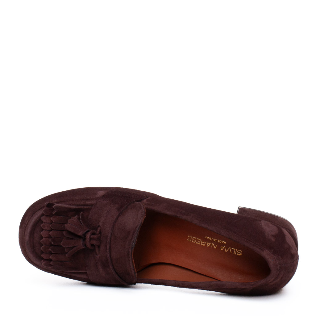 Brown Suede Loafers with Chunky Heels and Tassels