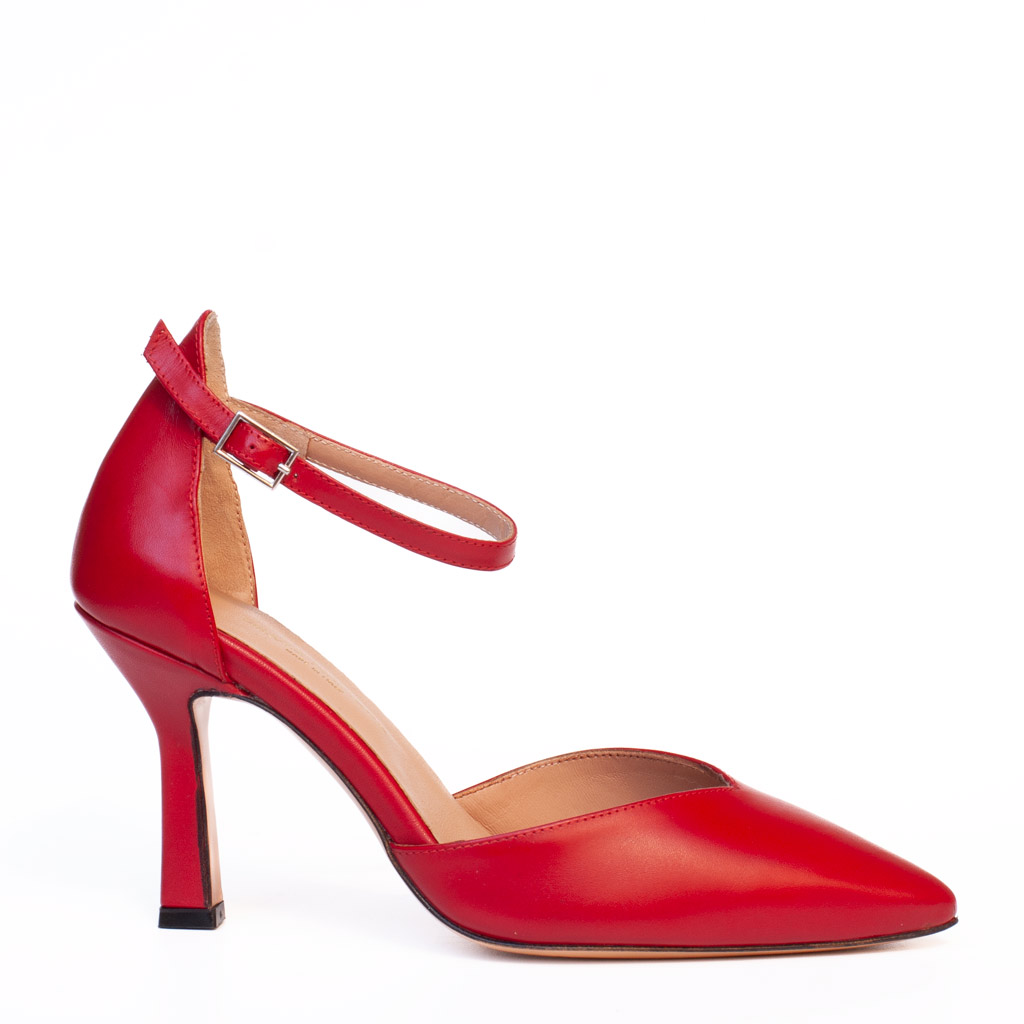 Scarpe Décolleté Pelle Rossa Tacco Alto Cinturino
