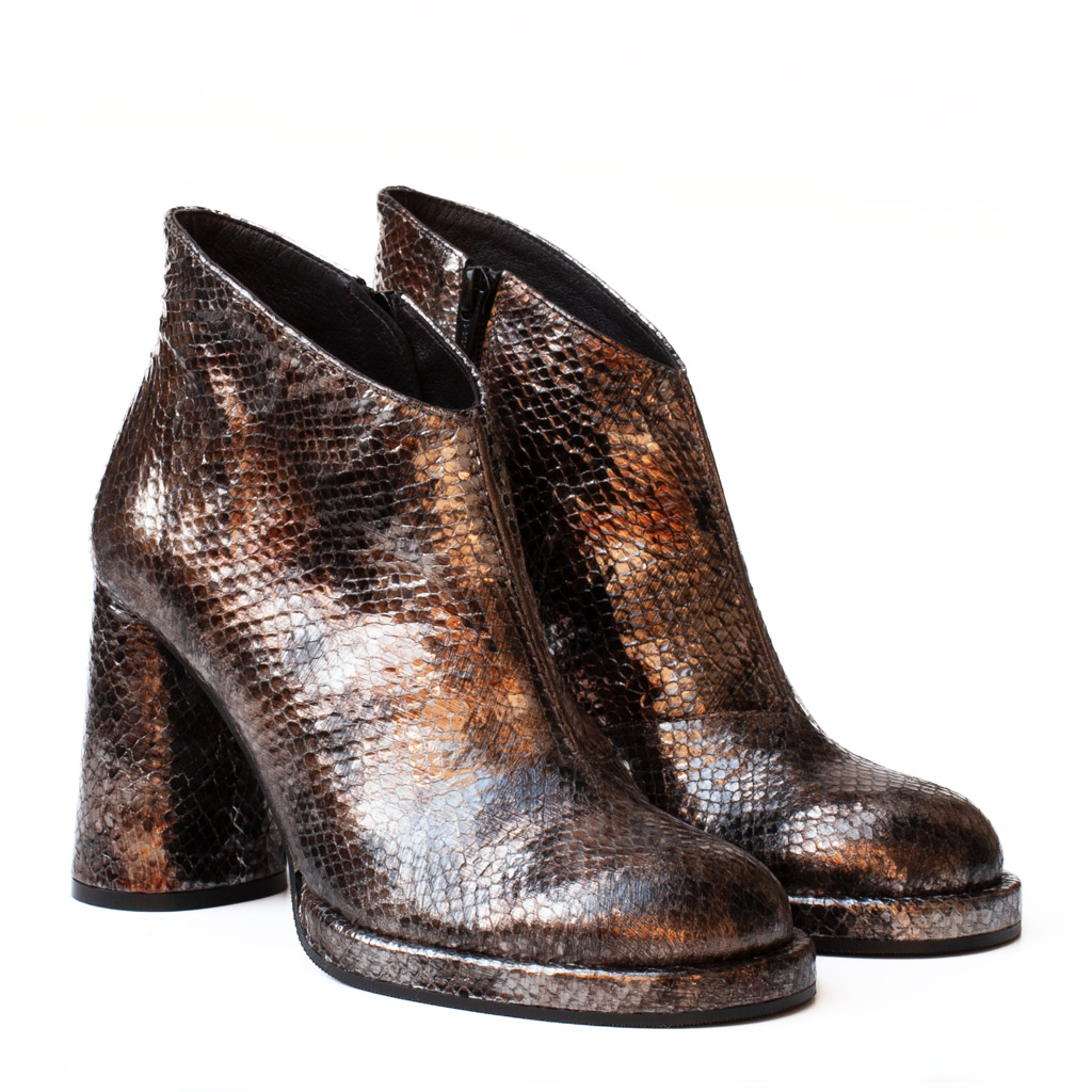 Women’s bronze ankle boots with a python-effect finish and a high block heel