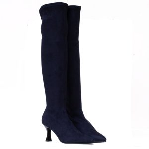 Miss Elastic blue stretch suede over-the-knee boots with spool heel and tapered toe