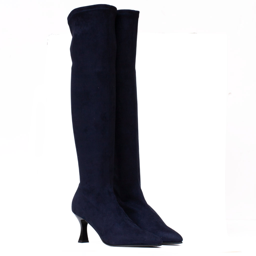 Miss Elastic blue stretch suede over-the-knee boots with spool heel and tapered toe