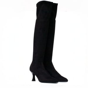 Stivale sopra ginocchio camoscio elasticizzato nero Miss Elastic tacco a rocchetto punta affusolata