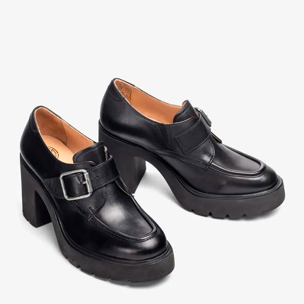 Unisa Killen Black Buckled Loafers with a Thick, High Heel