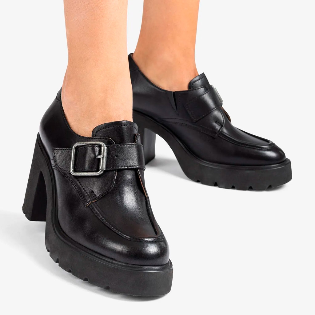 Unisa Killen Black Buckled Loafers with a Thick, High Heel