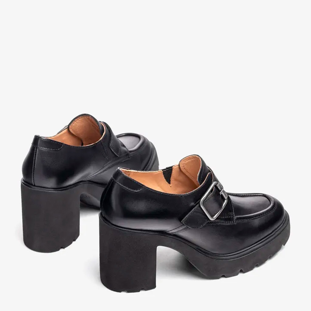 Unisa Killen Black Buckled Loafers with a Thick, High Heel