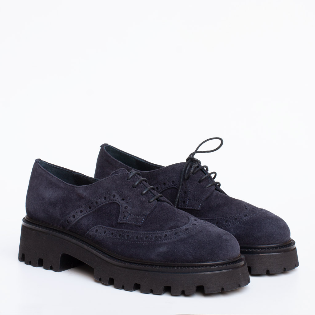 Blue suede brogue Derby shoes with a thick lug sole