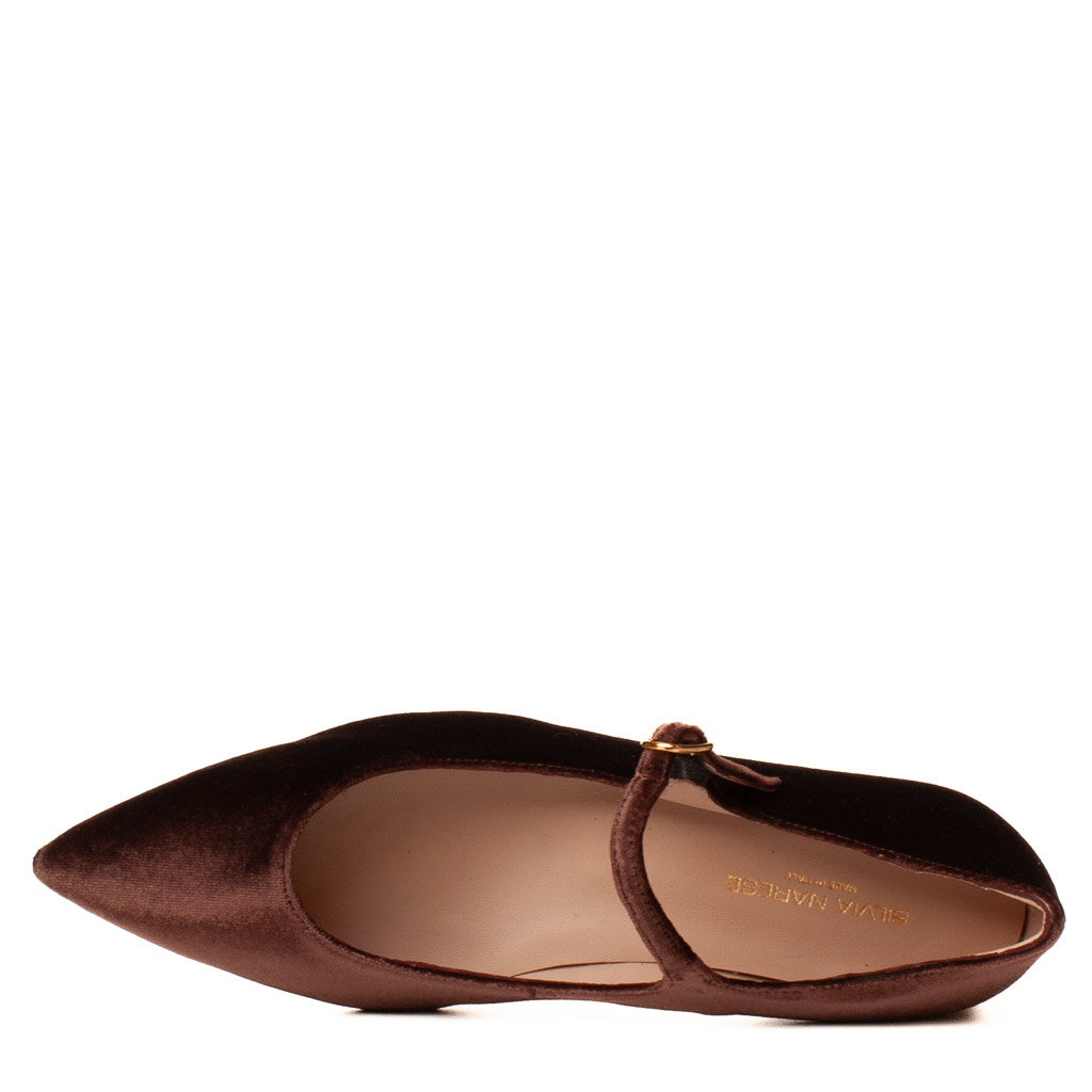 Mary Jane Basse Donna Eleganti Velluto Marrone a Punta