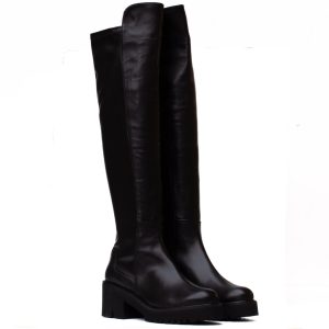 Black leather over-the-knee boots with a medium-height lug heel by Cervone