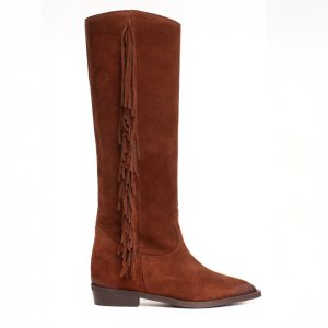Women’s tobacco-coloured suede Texan boots with side fringing and a hidden internal wedge heel