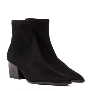 black suede Texan-style ankle boots with elasticated sides and a wide heel