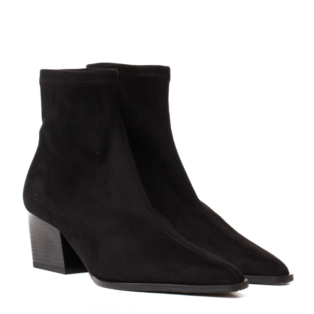 black suede Texan-style ankle boots with elasticated sides and a wide heel