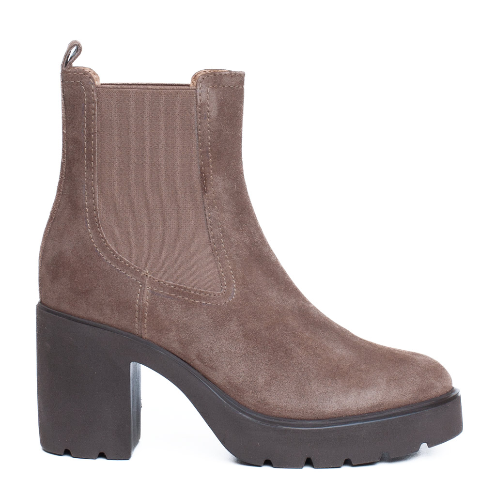 Taupe Suede Ankle Boots with a Wide, High Heel