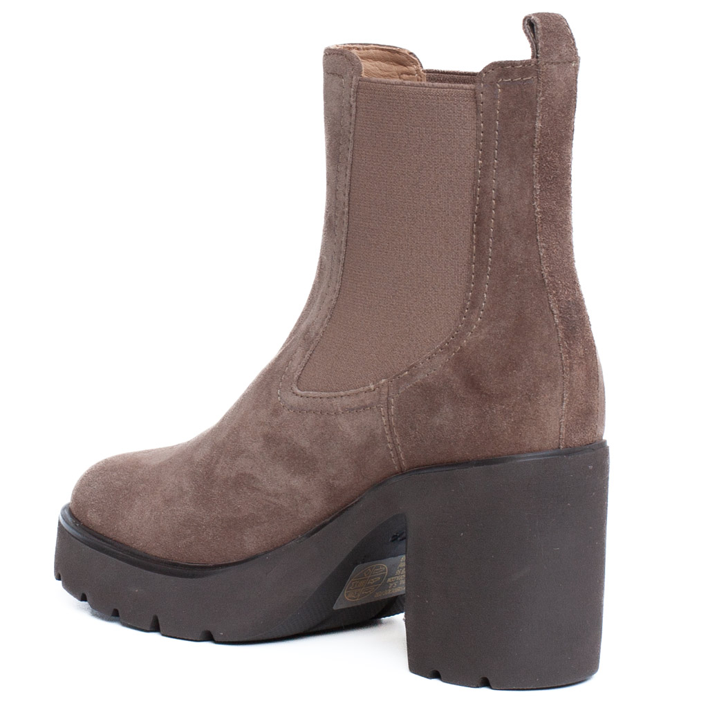 Taupe Suede Ankle Boots with a Wide, High Heel