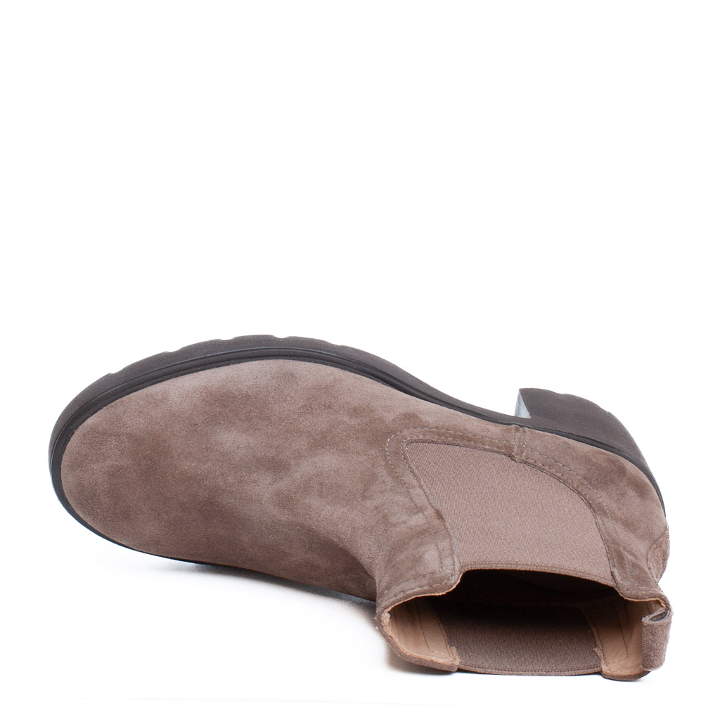 Taupe Suede Ankle Boots with a Wide, High Heel