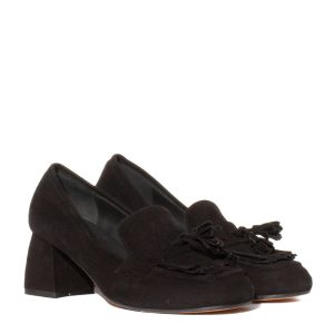 Black suede moccasin with a medium heel, tassels and fringes by SILVIA NARESE – Made in Italy