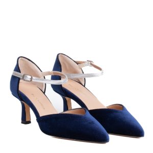 Blue Velvet Shoe with Strap and Medium Heel