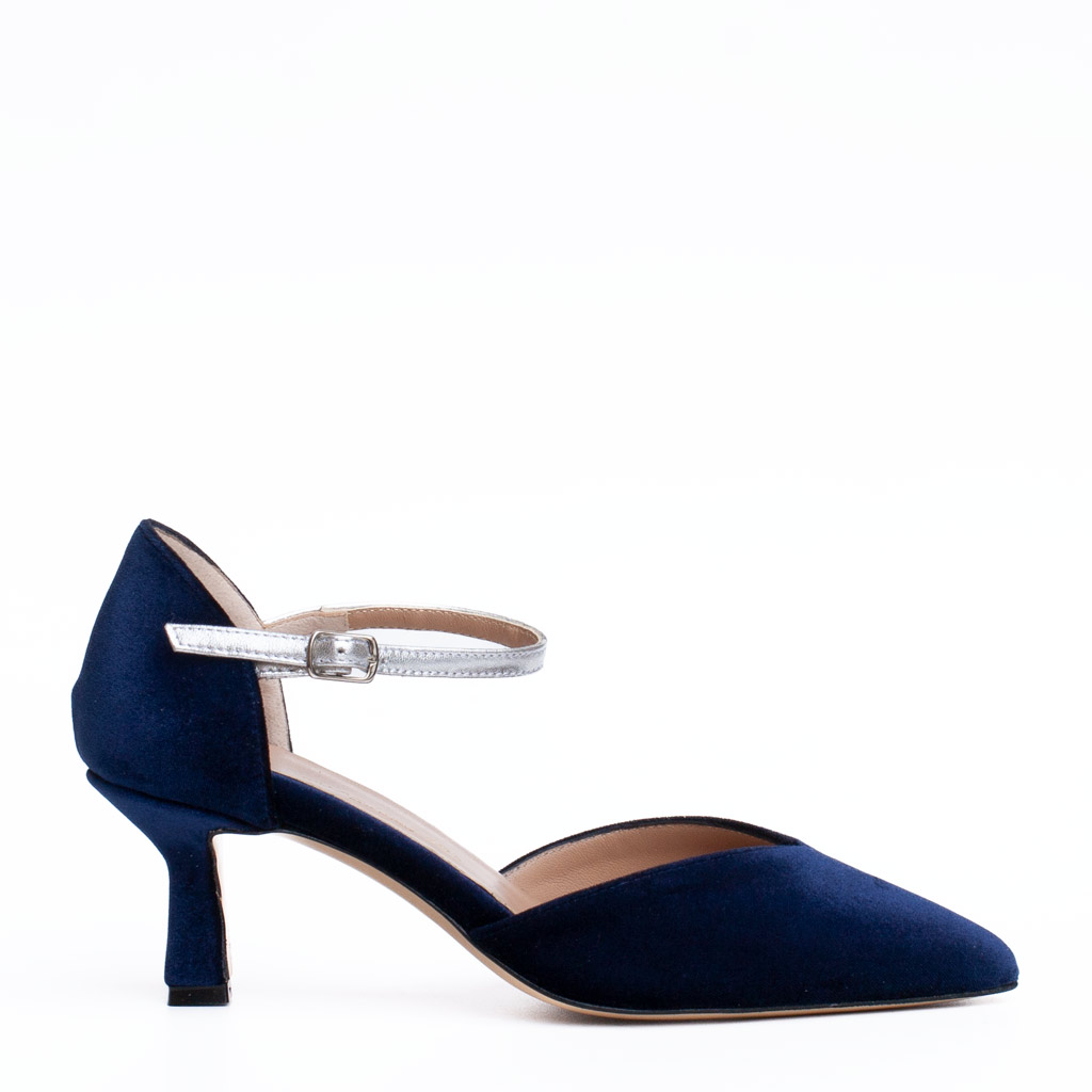 Blue Velvet Shoe with Strap and Medium Heel