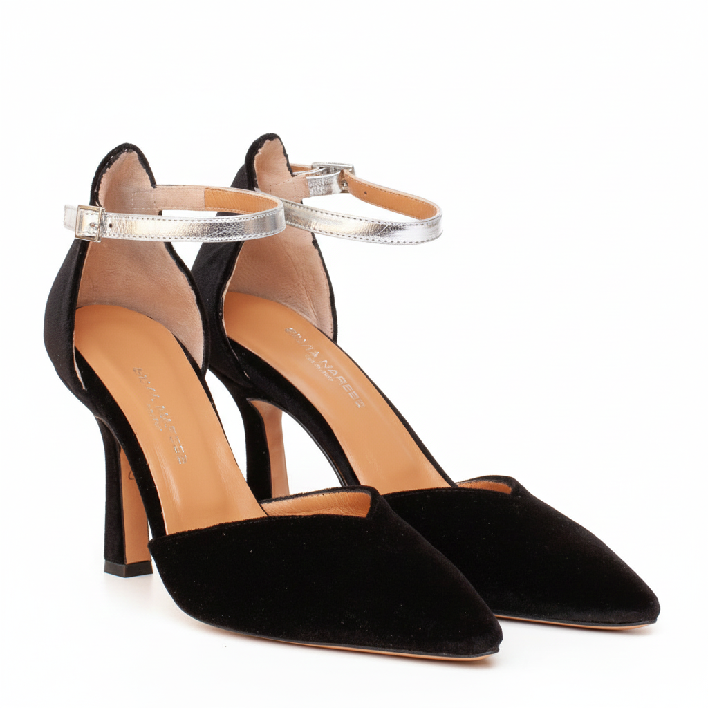 Black velvet high-heeled shoes with a tapered toe and an ankle strap