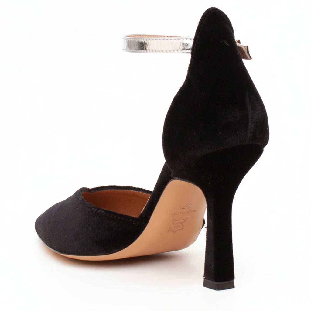Black velvet high-heeled shoes with a silver strap