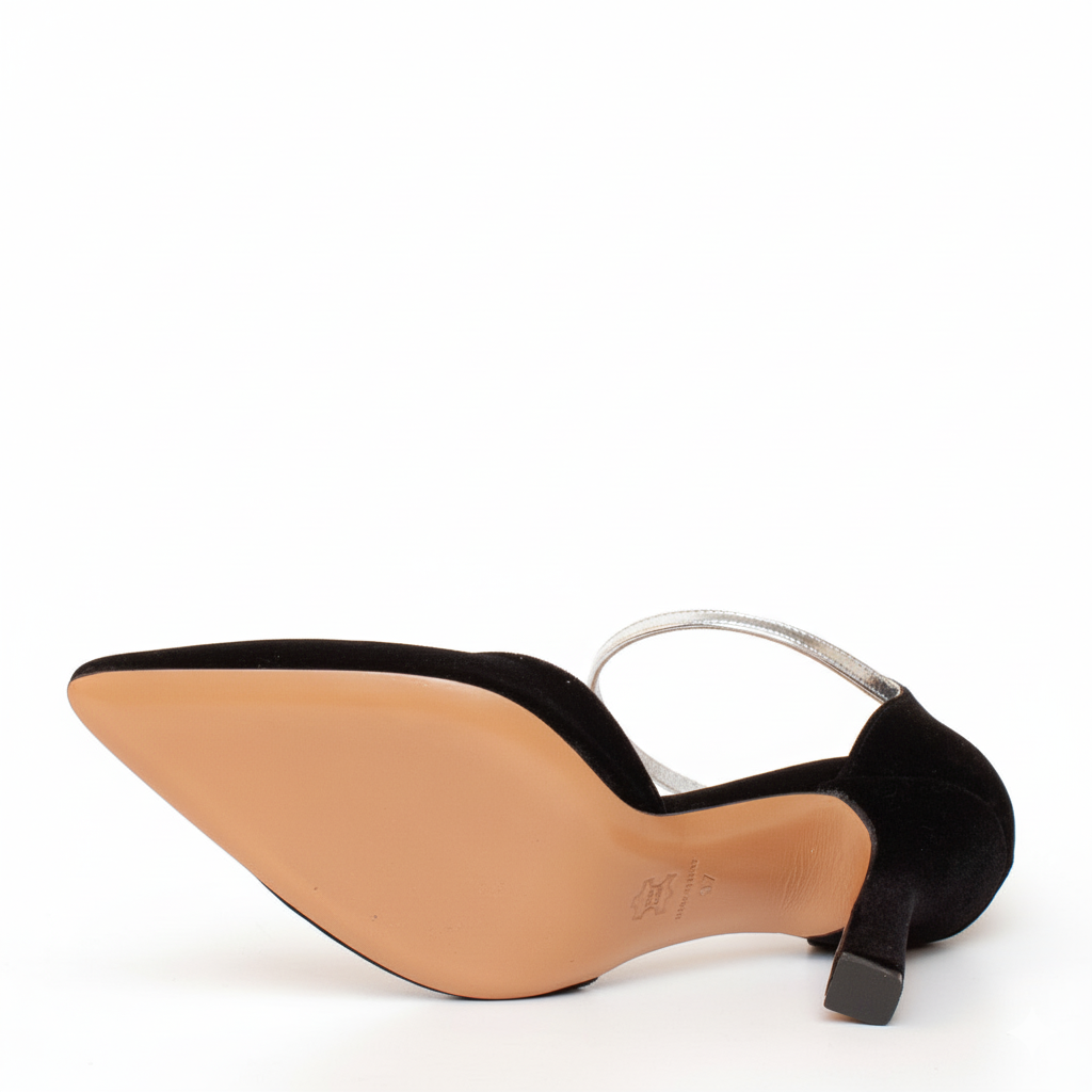 Black velvet high-heeled shoes with a silver strap