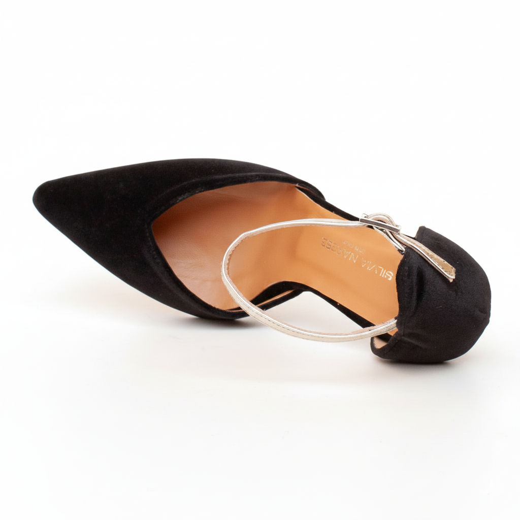 Black velvet high-heeled shoes with a silver strap