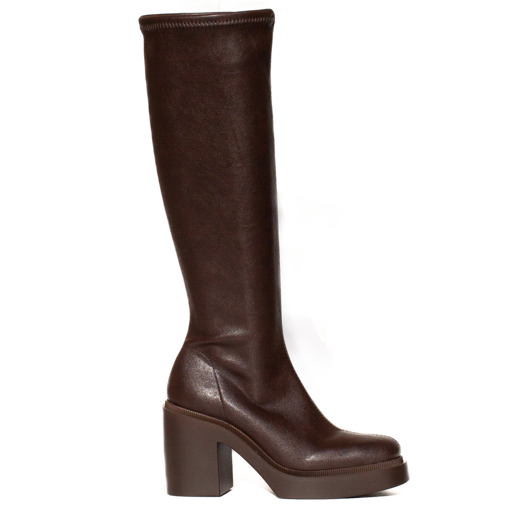 Stivali Marroni Pelle Platform di Miss Elastic
