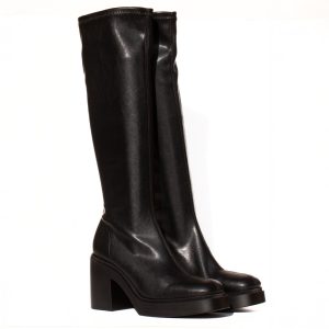 Miss Elastic black leather knee-high platform boots with a wide heel and lug sole