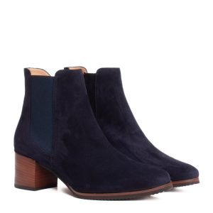 Dark blue suede ankle boots for women, Chelsea-style, with a wide wooden heel and Cervone lug sole