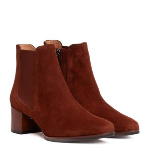 CERVONE women’s suede ankle boots in cognac, with a zip fastening and elasticated side panel, 6cm heel, non-slip sole.