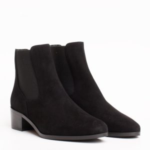 Black suede ankle boots, Chelsea boot style, with a low heel and elasticated side panels.