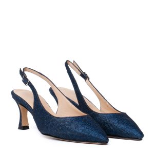 Elegant blue Chanel pumps with a medium-height trapezoidal heel and tapered toe