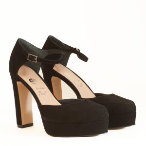 Scarpa alta plateau camoscio nero con cinturino alla caviglia