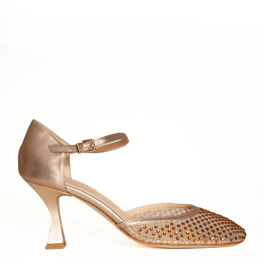 Elegant Powder-Coloured Pumps with Rhinestones and a Strap