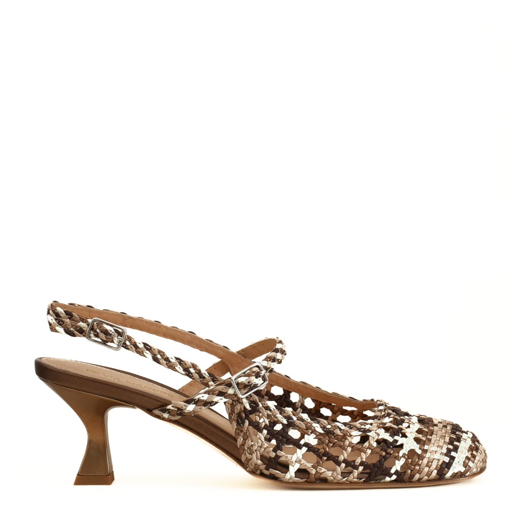 Bronze woven square-toed shoe with an hourglass heel
