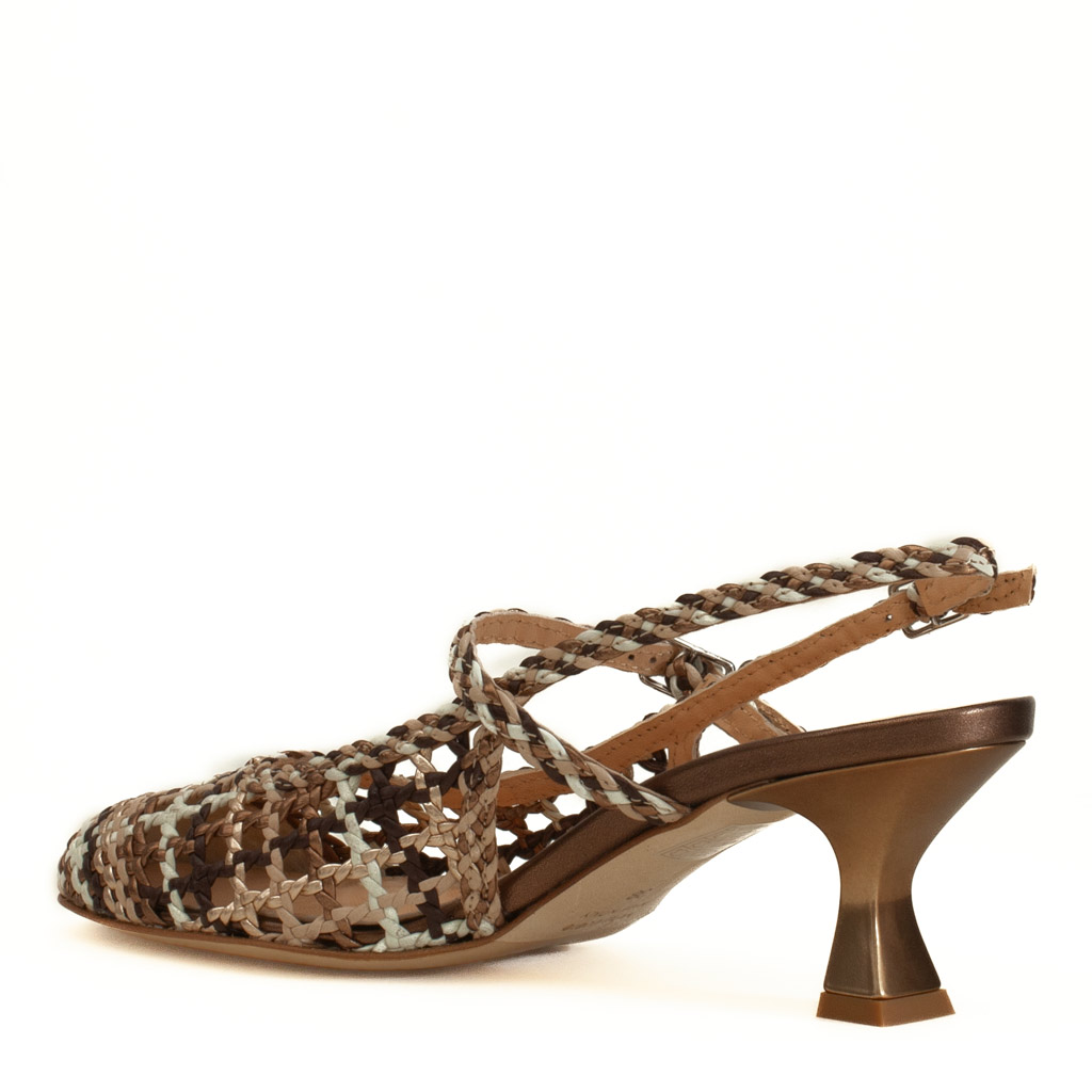 Bronze woven square-toed shoe with an hourglass heel