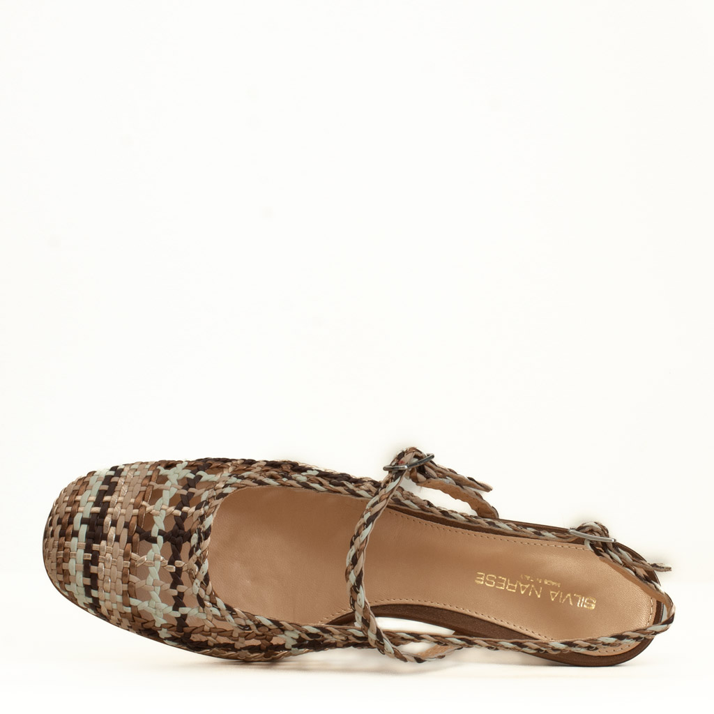 Bronze woven square-toed shoe with an hourglass heel