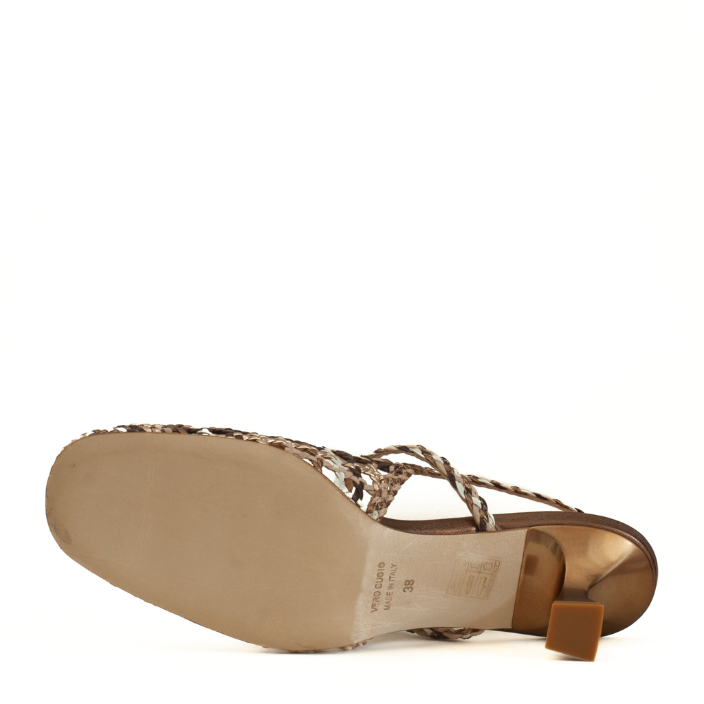 Bronze woven square-toed shoe with an hourglass heel