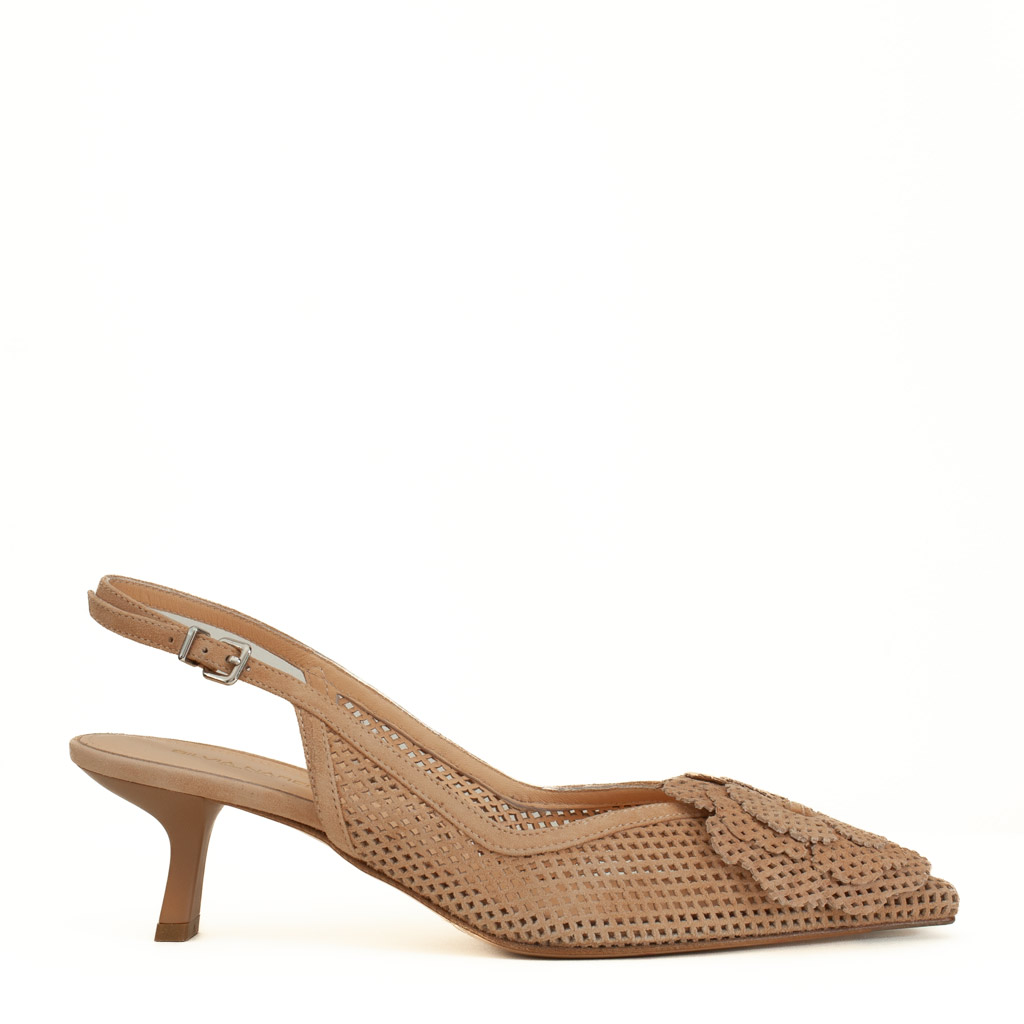 Beige Suede Slingbacks with a Flower