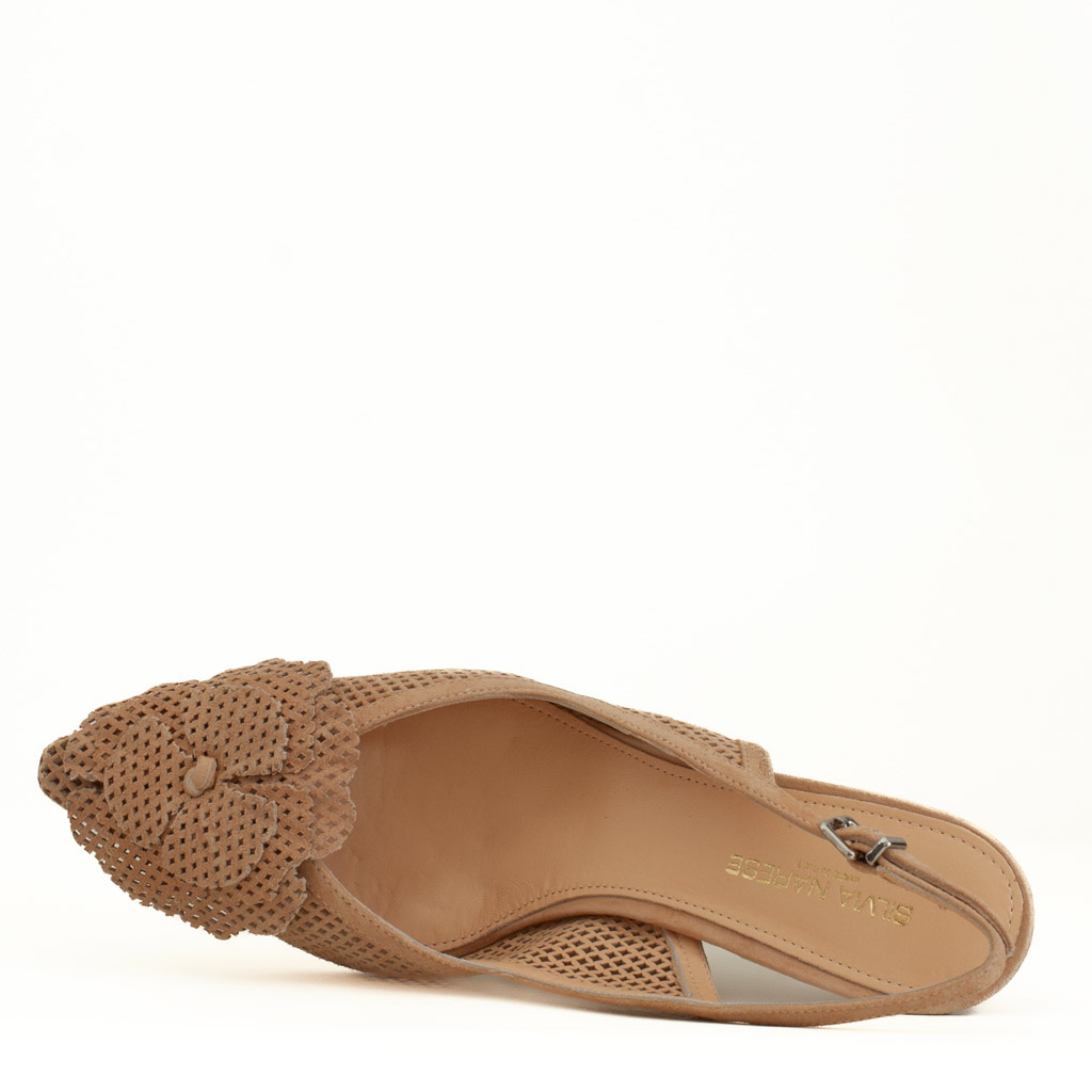 Beige Suede Slingbacks with a Flower