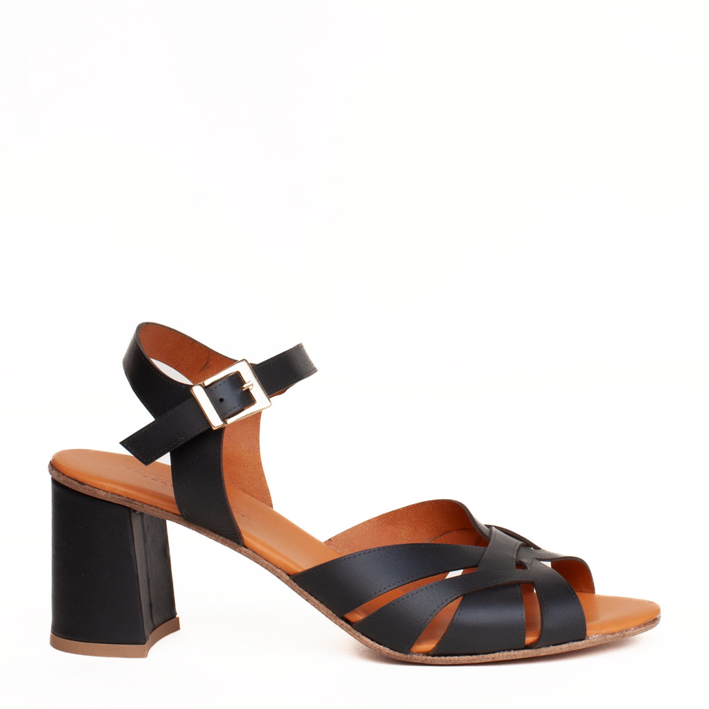 Sandali neri tacco largo in pelle Made in Italy